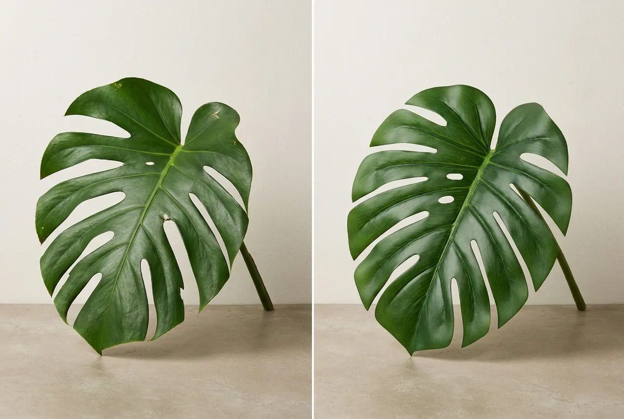 Real monstera leaf beside a faux silk monstera leaf